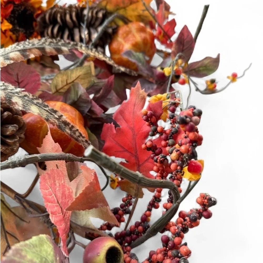 Two Autumn Harvest Pinecone Feather and Leaf Swags